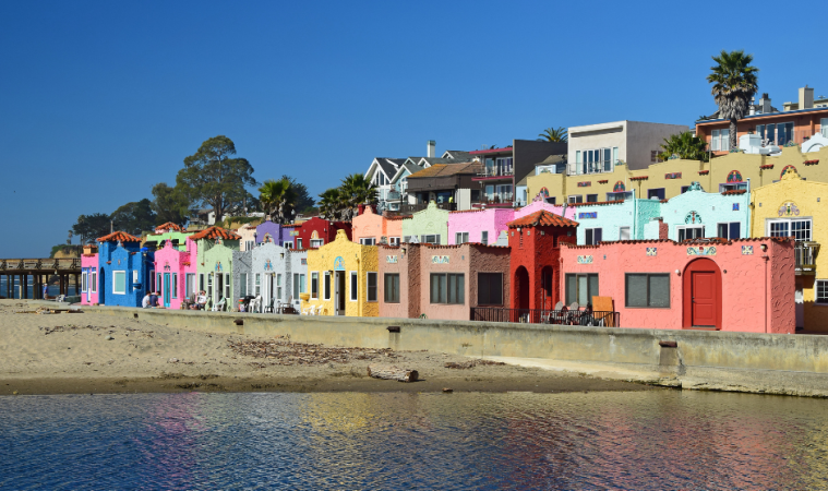 Colorful homes along the water in Monterey, CA.