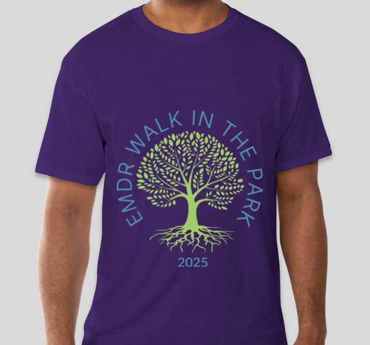 Purple tshirt featuring the event logo in green and blue.