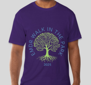Purple tshirt featuring the event logo in green and blue.