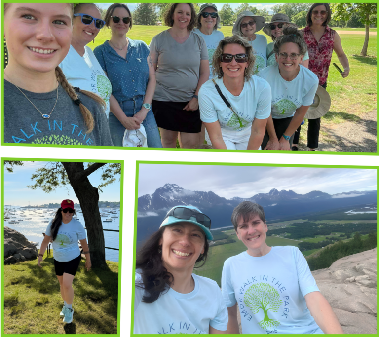 Photo collage of various walk participants wearing their 2026 walk in the park t-shirt outdoors.